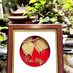 Tác phẩm nghệ thuật, quà tặng lưu niệm, tranh lá bồ đề mạ vàng gắn chữ Cha Mẹ